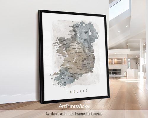 Ireland Detailed Map Print In Watercolour by ArtPrintsVicky