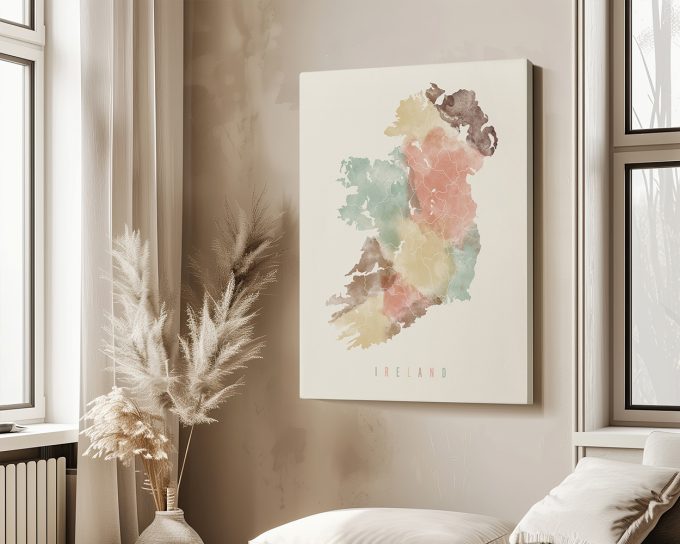 Artistic map of Ireland featuring watercolor-style colors and outlines of regions.