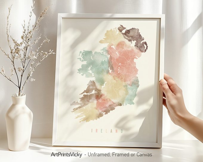 Map of Ireland featuring a watercolor design in pastel colors with regions outlined.