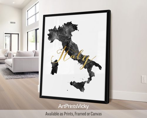 Black and white watercolor map poster of Italy with "Italia" in handwritten faux gold script in the center by ArtPrintsVicky
