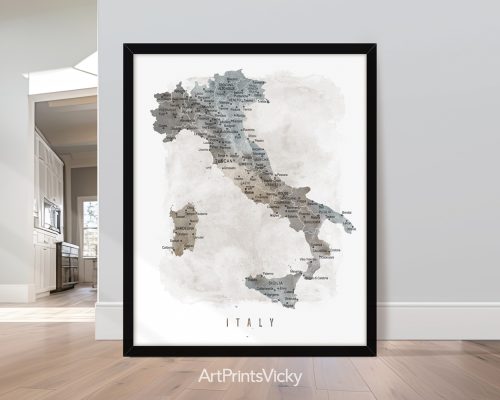 Italy Detailed Map Print In Watercolour