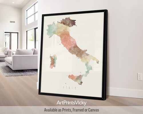 Pastel cream watercolor map poster of Italy on a soft cream background with the word 