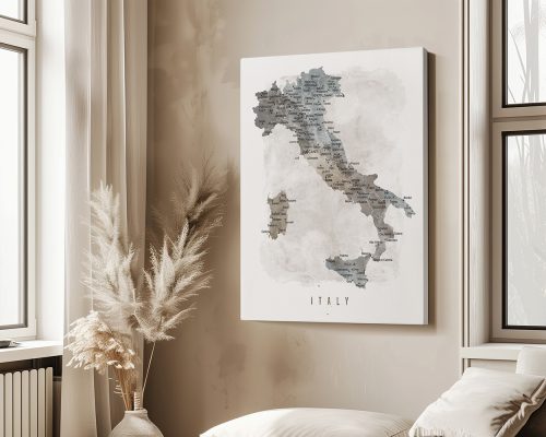 Map of Italy featuring major cities and regions in a watercolor style on a light background.