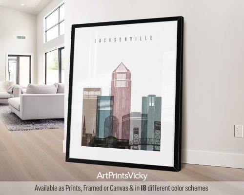 Distressed Jacksonville skyline poster with a subtle vintage texture, featuring iconic landmarks by ArtPrintsVicky.