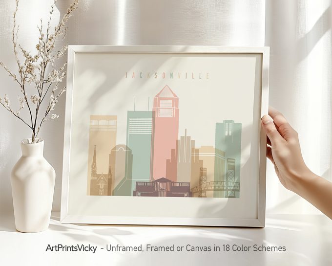 Framed artwork depicting a stylized cityscape of Jacksonville with various buildings and colors.