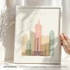Art print of Jakarta's skyline featuring various buildings and a monument in soft colors.