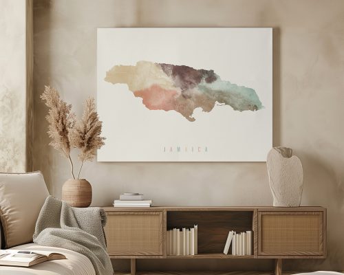 Artistic representation of Jamaica in soft colors with the word 'Jamaica' below the map.