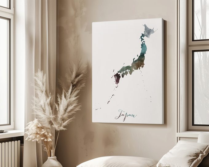 Watercolor map of Japan displayed on a wall with the label 'Japan' at the bottom.