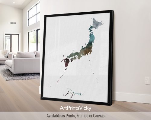Japan watercolor map poster with handwritten title by ArtPrintsVicky