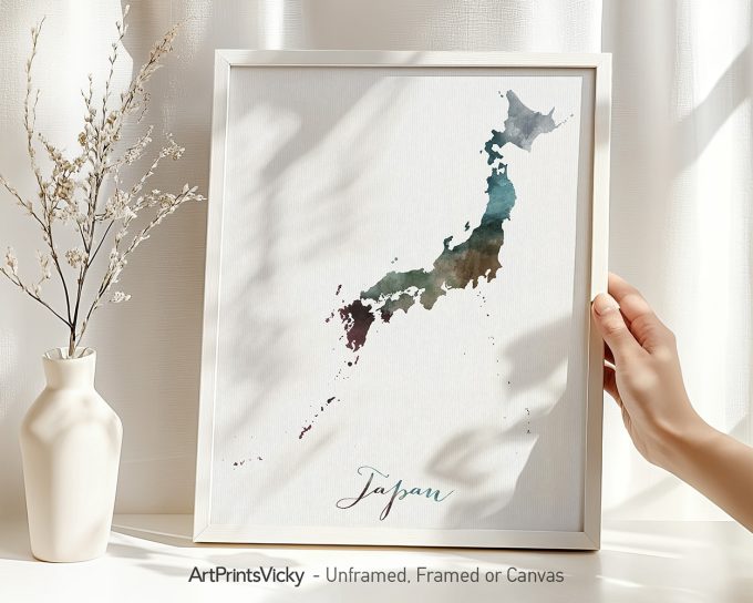 Watercolor map of Japan displayed in a framed print with a neutral background.