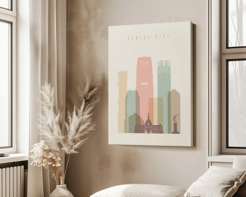 Art print featuring a stylized skyline of Jersey City with various building shapes and colors.