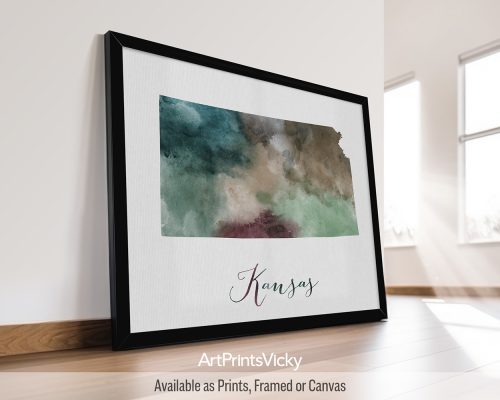 Earthy watercolor print of the Kansas state map, with "Kansas" written below in handwritten script, on a textured background. Perfect for lovers of the Sunflower State and heartland landscapes by ArtPrintsVicky.