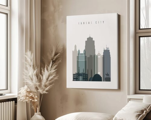 Stylized cityscape artwork of Kansas City featuring various buildings in muted colors.
