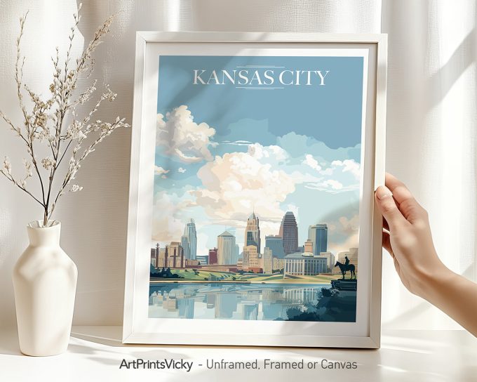 Art print of Kansas City skyline with clouds and reflections in water.