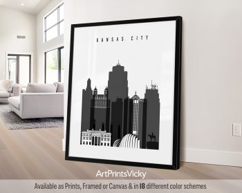 Black and white cityscape print of Kansas City with prominent buildings and skyline.