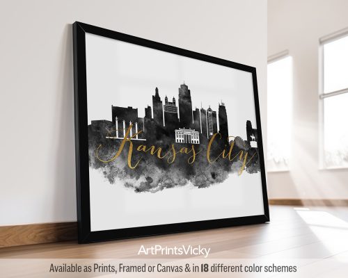 Black and white watercolor art print featuring a captivating view of the Kansas City skyline with iconic landmarks. The city's name is written in a bold faux gold font in the middle of the print. by ArtPrintsVicky.