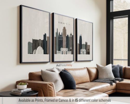 Kansas City skyline triptych featuring iconic landmarks and the vibrant cityscape in a textured and modern Distressed 2 style, divided into three prints. by ArtPrintsVicky.