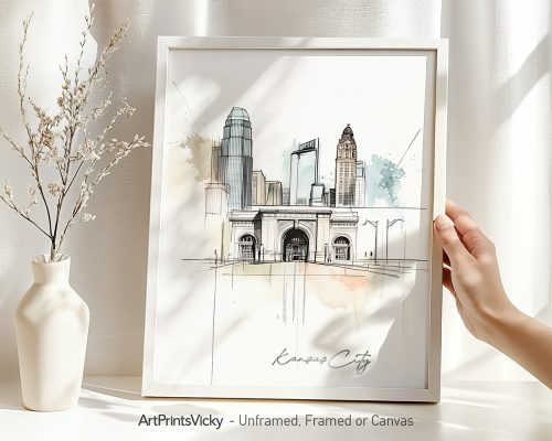 Artistic drawing of Kansas City skyline with a focus on architectural details.