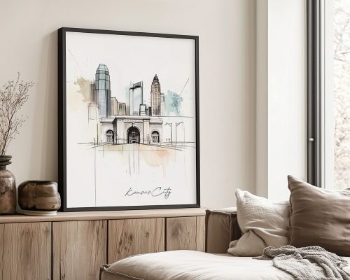 Artistic drawing of Kansas City skyline with prominent buildings and watercolor accents.