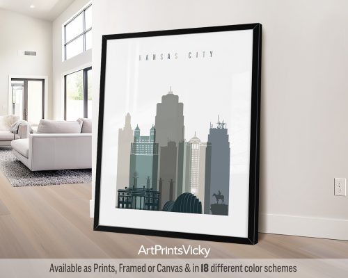 Kansas City minimalist city print in cool Earth Tones 4 style. Features historic landmarks and the iconic skyline by ArtPrintsVicky