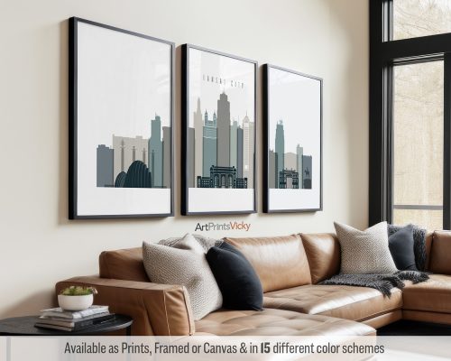 Kansas City skyline triptych featuring landmarks in a warm and sophisticated Earth Tones 4 color palette by ArtPrintsVicky.