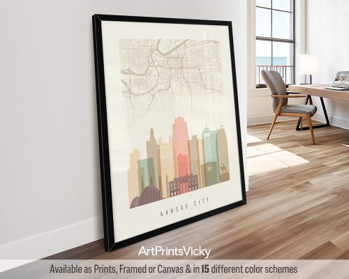 Kansas City Map & Skyline Print in Warm Pastels by ArtPrintsVicky