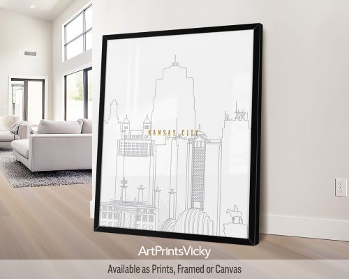 Minimalist Kansas City skyline poster featuring the Kauffman Center, iconic landmarks, and vibrant cityscape outlined in grey with a faux gold title, by ArtPrintsVicky.