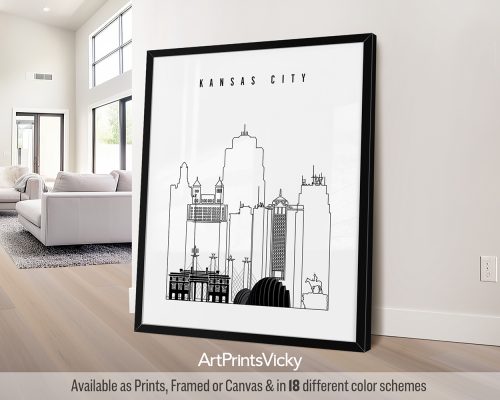 Black outline minimalist Kansas City skyline print by ArtPrintsVicky