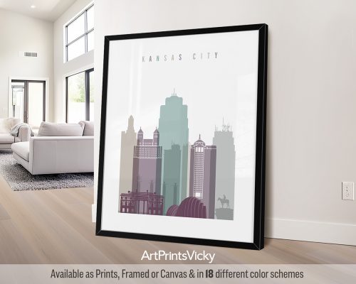 Kansas City modern skyline wall art print featuring vibrant cityscape, iconic landmarks, rendered in a cool, sophisticated Pastel 2 style by ArtPrintsVicky.