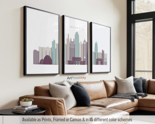 Kansas City skyline triptych featuring the Kauffman Center, iconic landmarks, and vibrant cityscape in a soft Pastel 2 palette, divided into three contemporary prints. by ArtPrintsVicky.