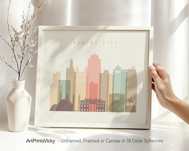 Art print of Kansas City skyline featuring various building silhouettes in pastel colors.