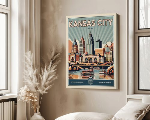 Retro-style artwork featuring a cityscape of Kansas City with notable buildings and a river.