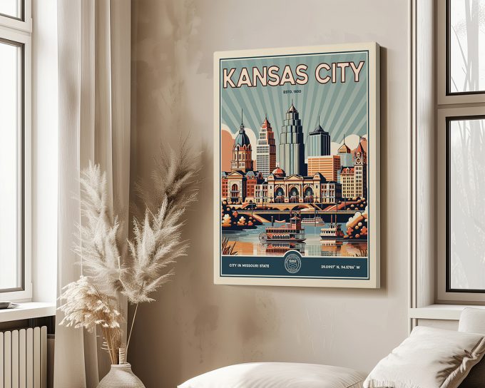 Retro-style artwork featuring a cityscape of Kansas City with notable buildings and a river.