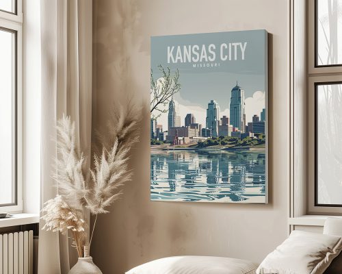 Art print of Kansas City skyline with reflections in water and greenery in the foreground.