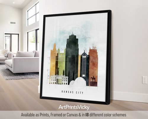 Kansas City skyline featuring iconic landmarks in a bold, geometric Urban 2 style with vibrant colors, by ArtPrintsVicky.