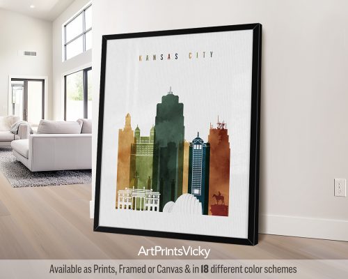 Kansas City art print featuring the iconic landmarks, and vibrant cityscape in a rich and textured, bold Watercolor 3 style. by ArtPrintsVicky.