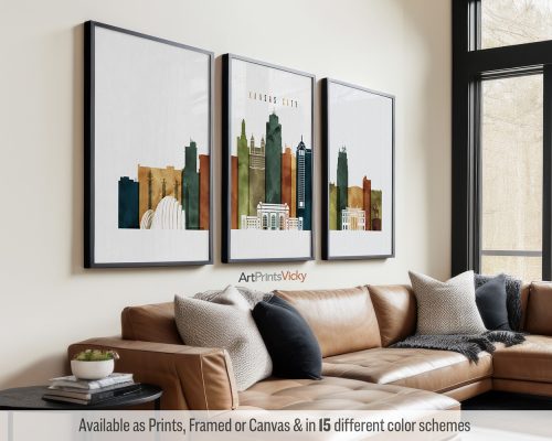 Kansas City skyline triptych featuring iconic landmarks and the vibrant cityscape in a rich and textured Watercolor 3 style, divided into three prints. by ArtPrintsVicky.