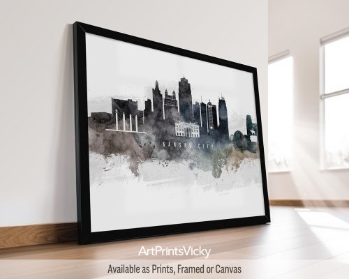 Watercolor wall art poster of the Kansas City skyline, featuring iconic landmarks by ArtPrintsVicky.