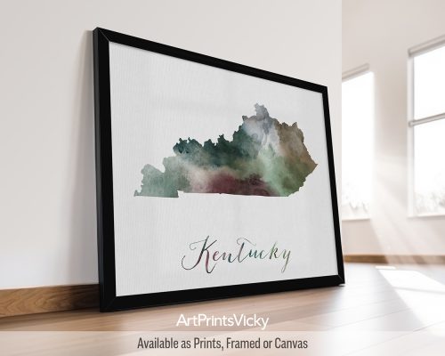Earthy watercolor print of the Kentucky state map, with "Kentucky" written below in handwritten script, on a textured background. Perfect for lovers of the Bluegrass State, horse farms, and Southern charm by ArtPrintsVicky.