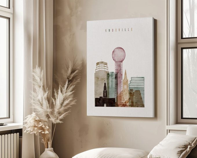 Artistic representation of Knoxville's skyline featuring various buildings and a prominent tower.