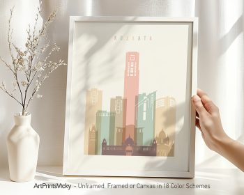 Art print depicting a stylized skyline of Kolkata with various building shapes and colors.