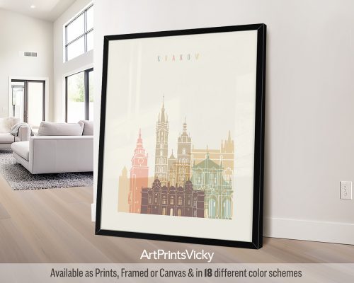 Krakow city skyline print in pastel cream theme by ArtPrintsVicky