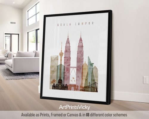 Kuala Lumpur skyline featuring the Petronas Twin Towers, Sultan Abdul Samad Building, and other landmarks in a warm Watercolor 1 style by ArtPrintsVicky.