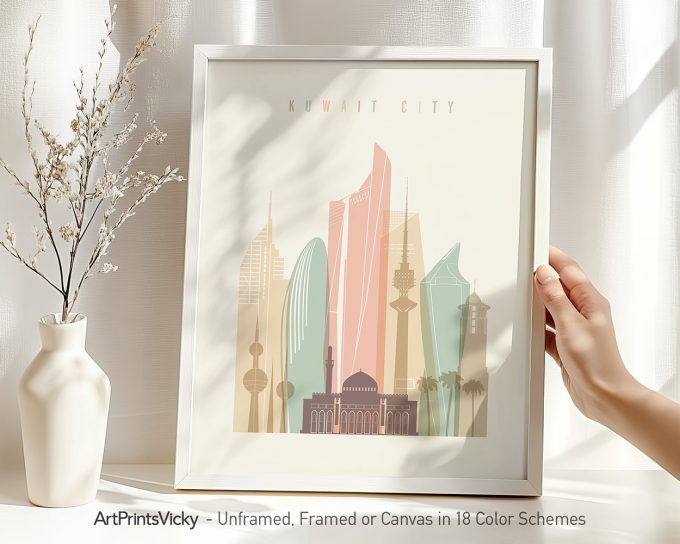 Art print featuring a stylized illustration of Kuwait City skyline with various buildings.