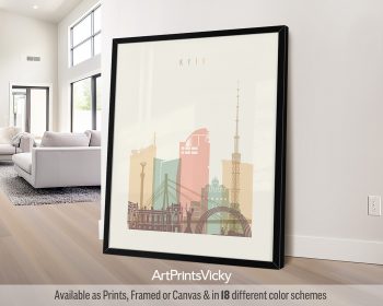 Art print featuring a stylized cityscape of Kyiv with notable buildings and structures.