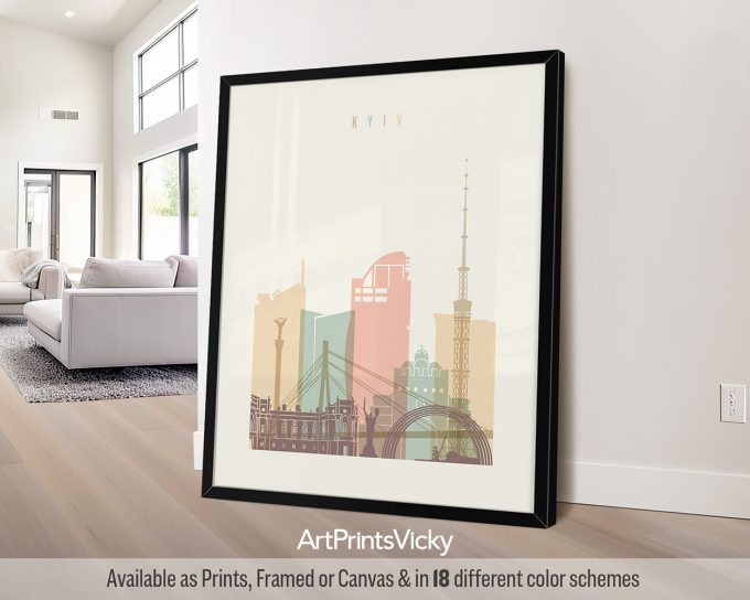 Art print featuring a stylized cityscape of Kyiv with notable buildings and structures.