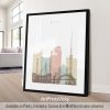 Art print of a stylized cityscape of Kyiv featuring notable buildings and landmarks.