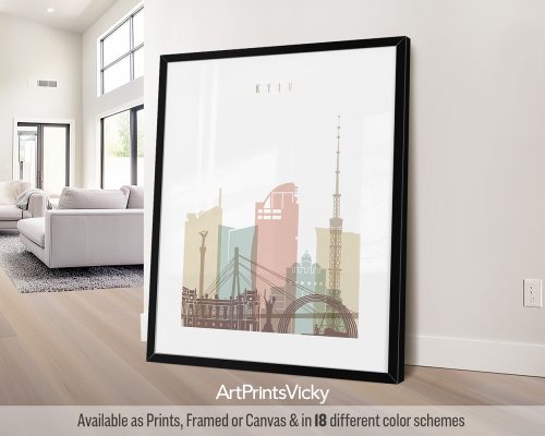 Minimalist Kyiv skyline poster featuring Saint Sophia Cathedral, the Motherland Monument, and iconic landmarks in a soft and ethereal Pastel White color scheme. by ArtPrintsVicky.