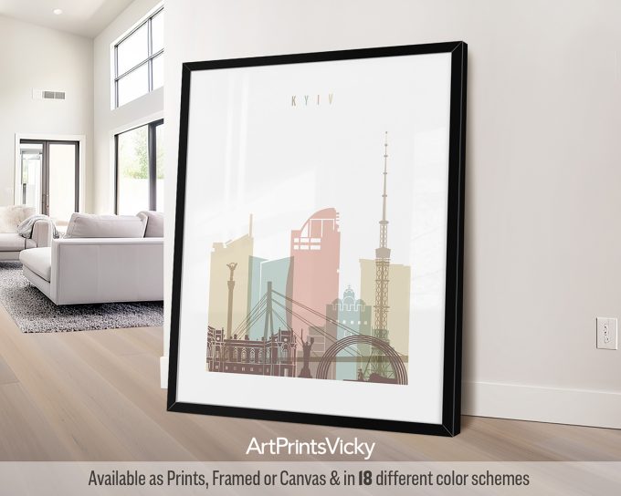 Art print of a stylized cityscape of Kyiv featuring notable buildings and landmarks.