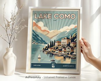 Retro print of Lake Como featuring mountains, buildings, and a lake with a boat.
